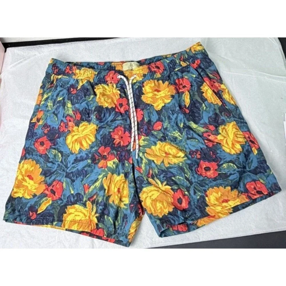 J.Crew Swim Trunks Mens M Floral Print Blue Orange Stretch 6